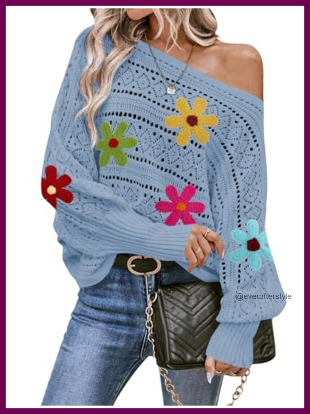 Oversized Floral Crochet Off Shoulder Batwing Sleeve Pullover Sweater